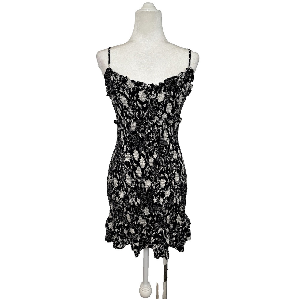 Likely Revolve Dress Womens 4 Black Smocked Floral Mini Misha Zephra Flounce Hem